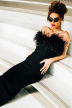 Strapless V-Neck Feathered Mermaid Party Dress