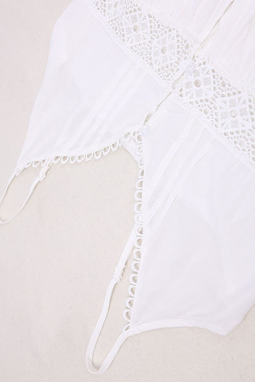 White Deep V Neck Crochet Lace Insert Button Front Ruffle Hem Midi Dress