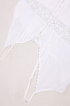 White Deep V Neck Crochet Lace Insert Button Front Ruffle Hem Midi Dress