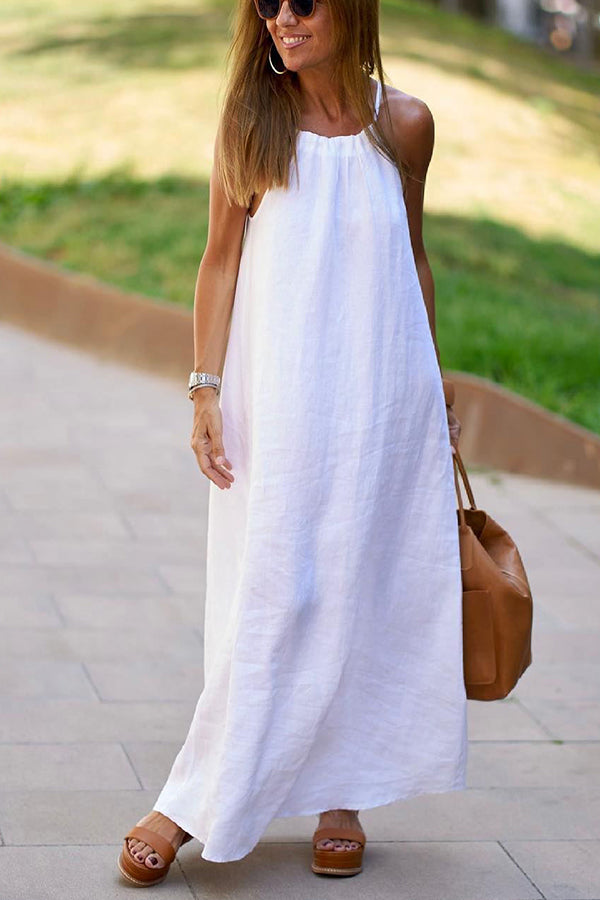 Linen Blend Halter Neck Gathered A-Line Maxi Dress