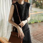 Sequin Tweed Boucle Frayed Edge Crew Neck Sleeveless Shift Mini Dress