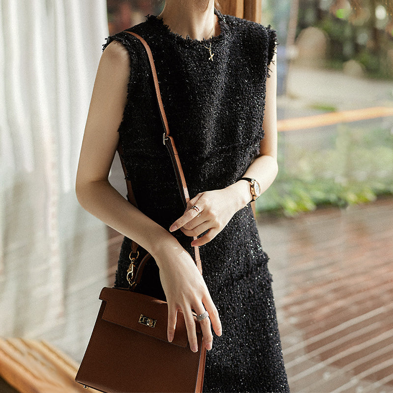 Sequin Tweed Boucle Frayed Edge Crew Neck Sleeveless Shift Mini Dress
