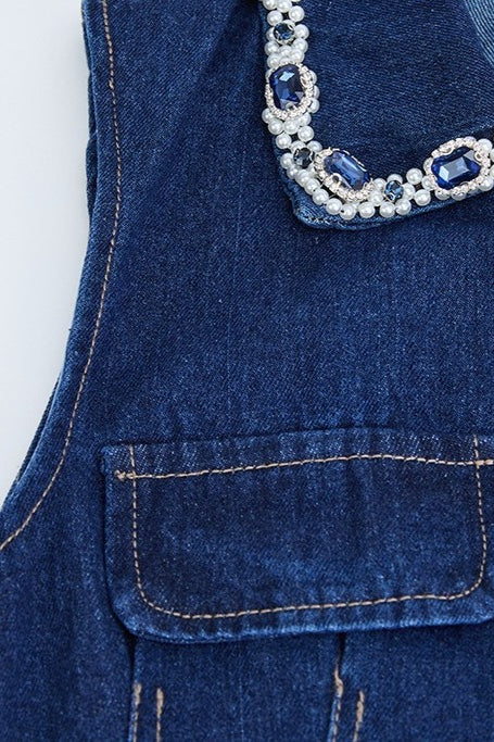 Rhinestone Collar Button Front Pleated Denim Mini Dress