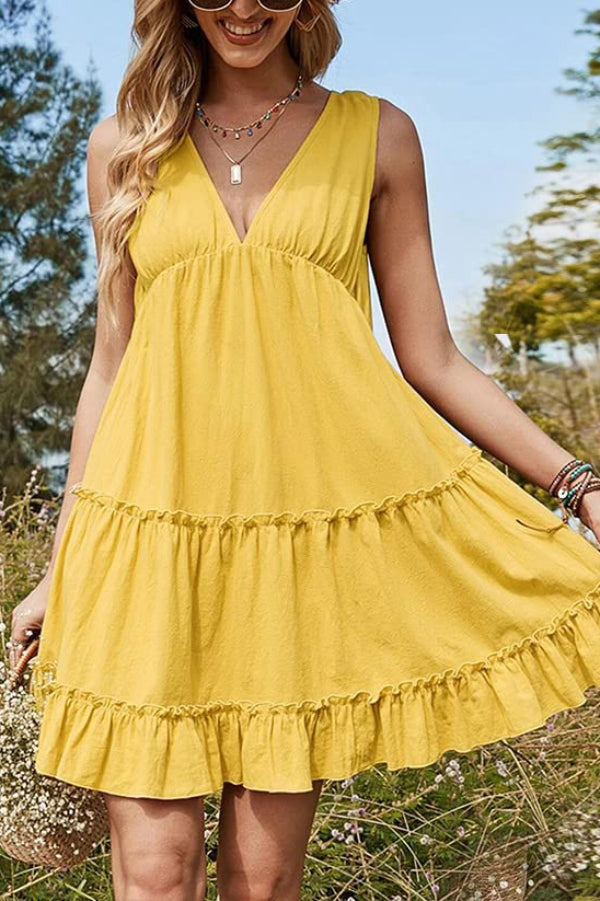 Solid Color V-neck Sleeveless Casual Loose-fitting Vacation Mini Dress