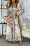 Floral Baroque Print Mandarin Collar Puff Sleeve Button Front Wrap Waist Maxi Dress