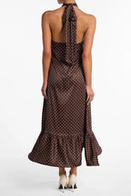 Polka Dot Satin Halter Ruffled Neck Tiered Ruffle Hem Maxi Dress