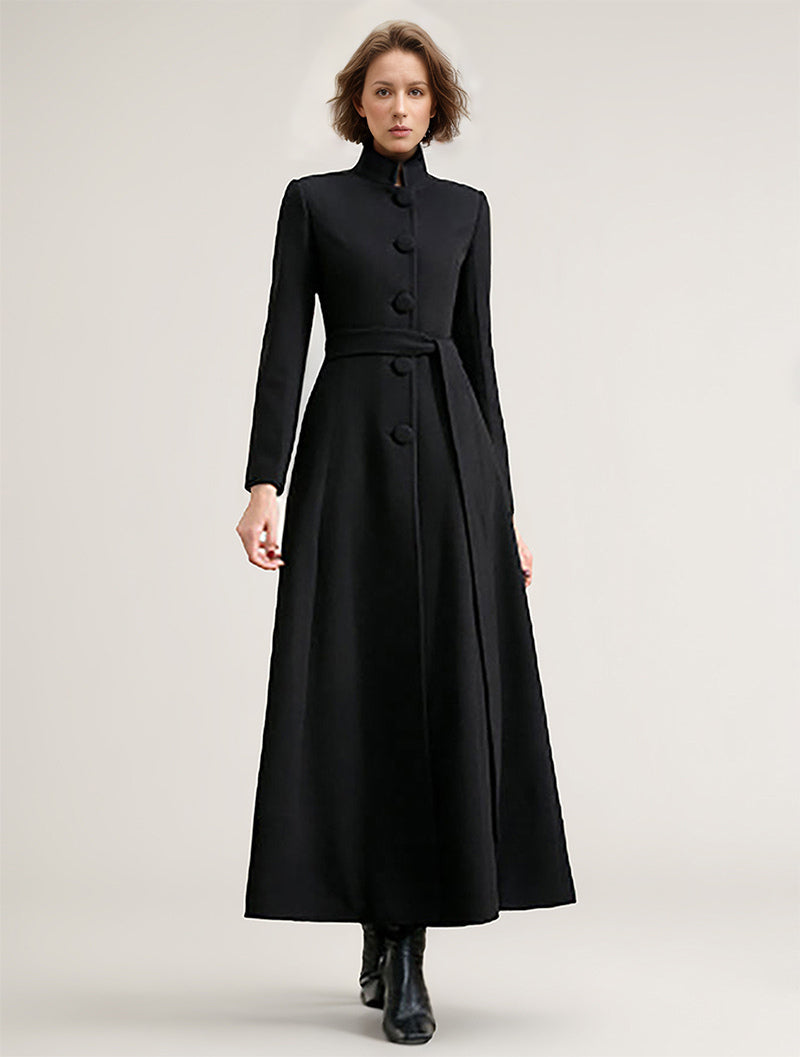 Wool Blend Long Coat Black Belted Stand Collar Winter Full Length Outerwear For Women 2026
