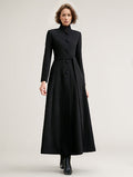 Wool Blend Long Coat Black Belted Stand Collar Winter Full Length Outerwear For Women 2026