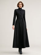Wool Blend Long Coat Black Belted Stand Collar Winter Full Length Outerwear For Women 2026