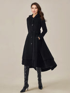 Woolen Flared Coat For Woman Hooded Belted A-line Vintage Winter Midi Outerwear 2026