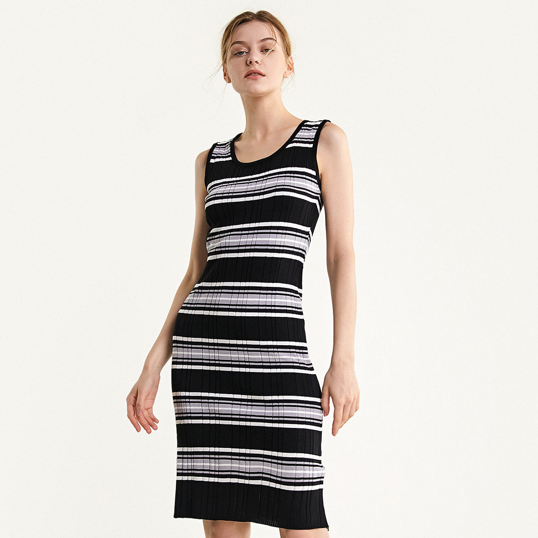 Scoop Neck Ribbed Knit Horizontal Stripe Tank Bodycon Midi Dress