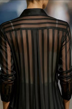 Stylish Sheer Striped Collared Long-sleeved Loose Casual Shirt