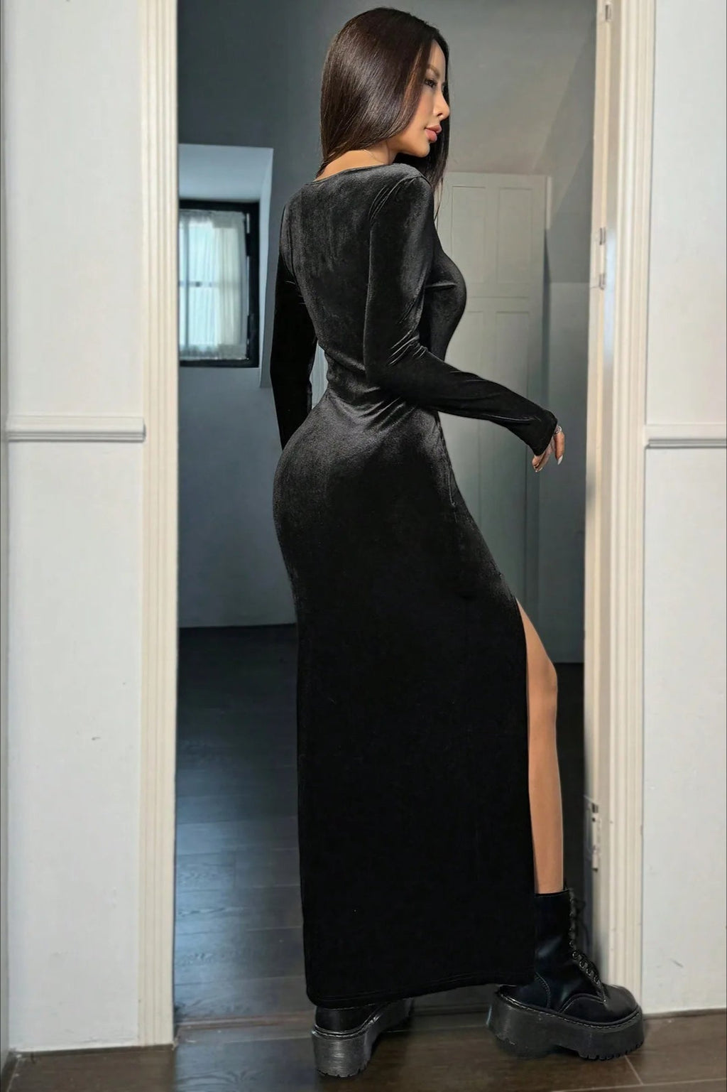 Square Neck Long Sleeve Velvet High Thigh Slit Bodycon Maxi Dress