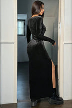Square Neck Long Sleeve Velvet High Thigh Slit Bodycon Maxi Dress
