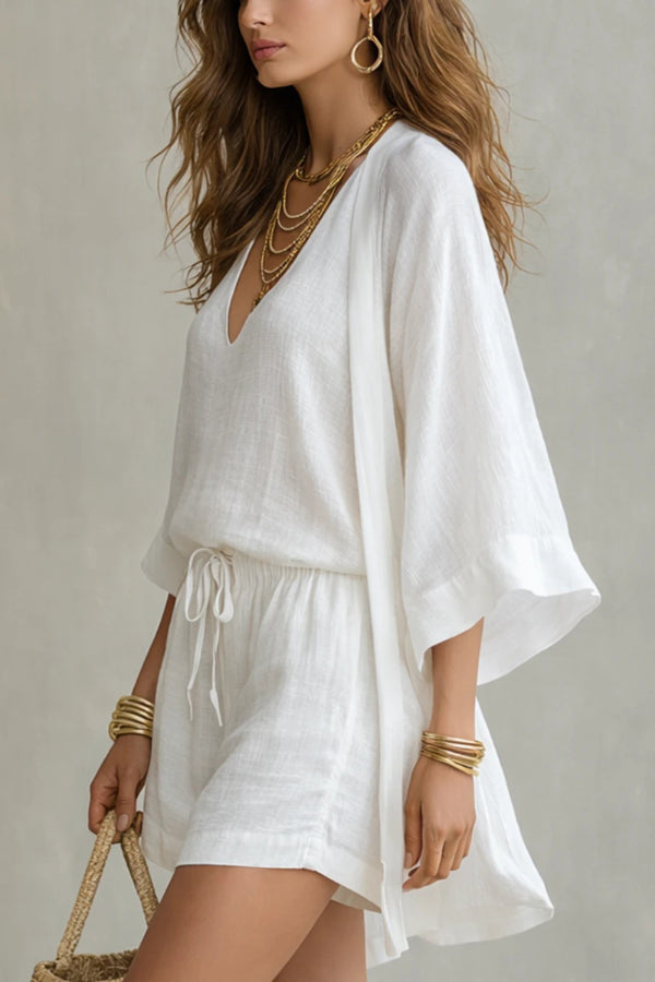 Linen Blend Solid Color V-neck Vest Loose Cardigan and Elastic Waist Pocket Casual Shorts Three-piece Set