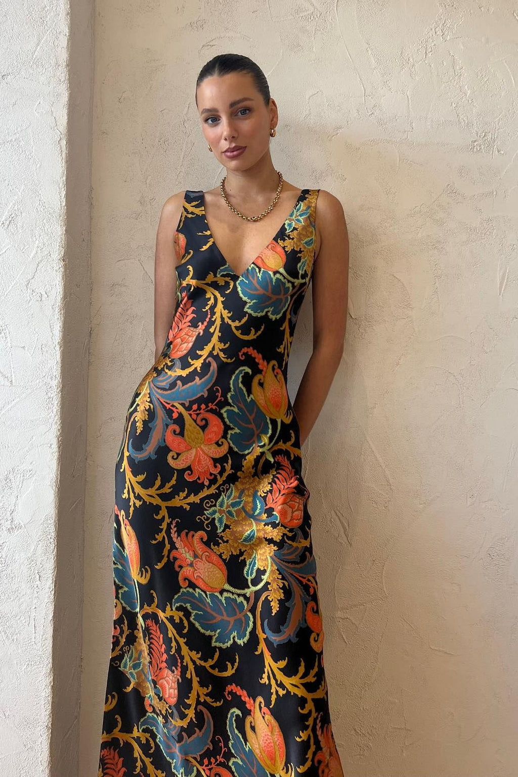 Satin Deep V-Neck Wide Strap Baroque Floral Print Slip Maxi Dress