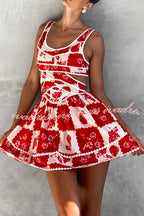 Holiday Colors Ric Rac Trims Unique Print Cutout Round Neck Mini Dress