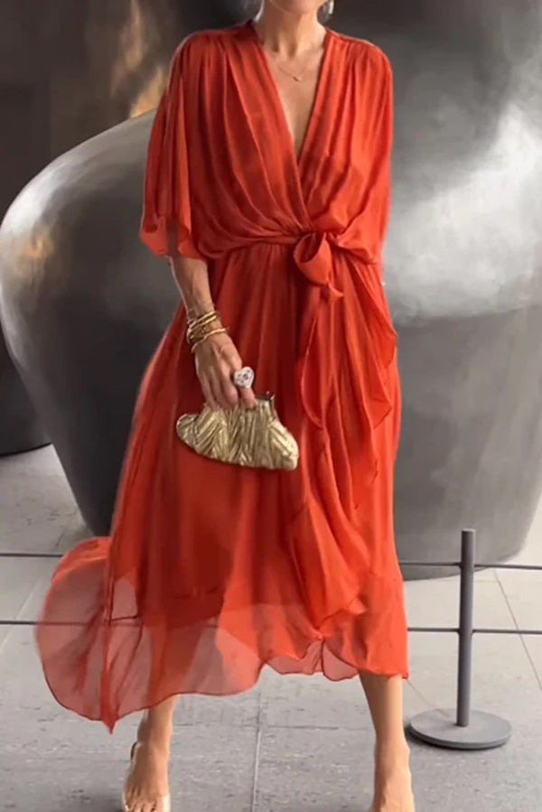 Deep V-Neck Flutter Sleeve Tie Waist Handkerchief Hem Midi Dress