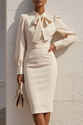 Solid Color Bow Neck Long Sleeve Waisted Midi Dress