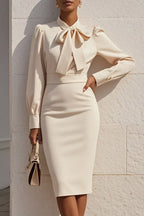 Solid Color Bow Neck Long Sleeve Waisted Midi Dress