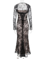 Trumpet Dress Lace-up Cutout Floral Embroidery Long Sleeves Prom Dresses