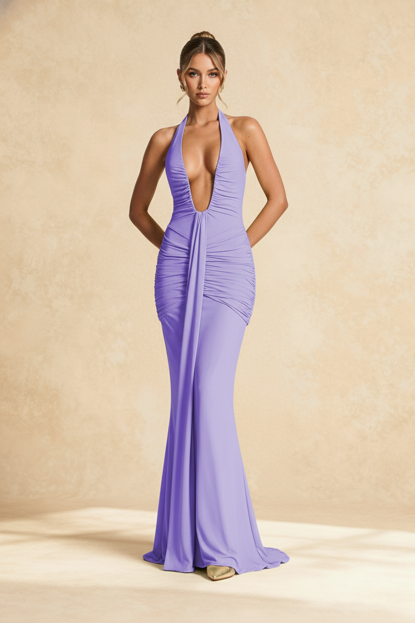 Halter Neck Deep V-Neck Ruched Mermaid Maxi Gown