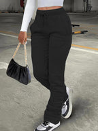 Solid Drawstring Stacked Pants