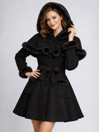 Faux Fur Trimmed Belted Wool Blend coat With Hooded Cape For Women 2026