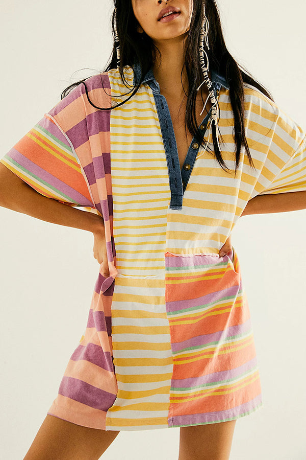 Denim Collar Striped Patchwork Polo Rugby Mini Dress