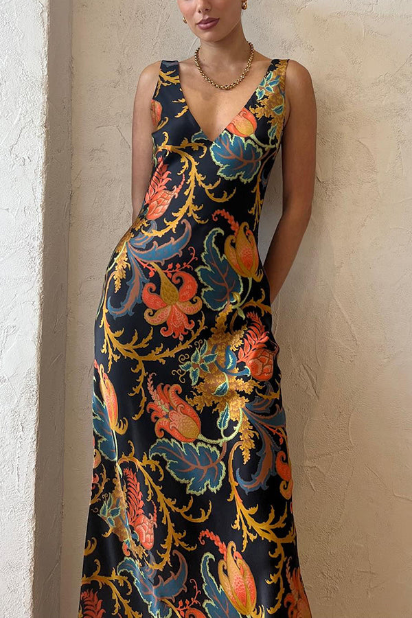 Satin Botanical Print Deep V-Neck Slip Maxi Dress