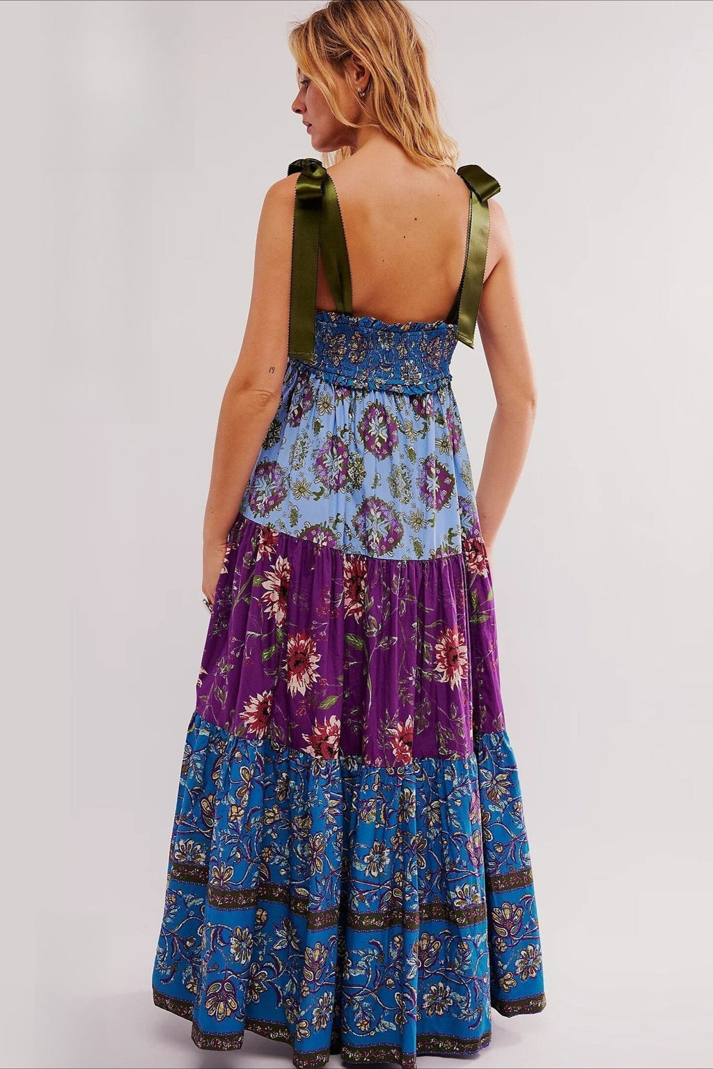 Smocked V Neck Bow Shoulder Strap Mixed Floral Tiered Maxi Dress