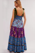 Smocked V Neck Bow Shoulder Strap Mixed Floral Tiered Maxi Dress