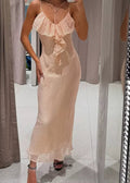 Crinkled Ruffle Neckline Spaghetti Strap Bodycon Maxi Slip Dress