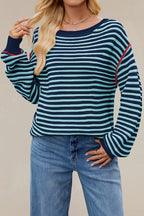 Striped Knit Loose-fitting Crew Neck Long-sleeved Casual Sweater