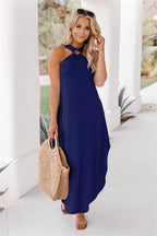 Halter Ring Detail Pocket Sharkbite Hem Jersey Maxi Dress
