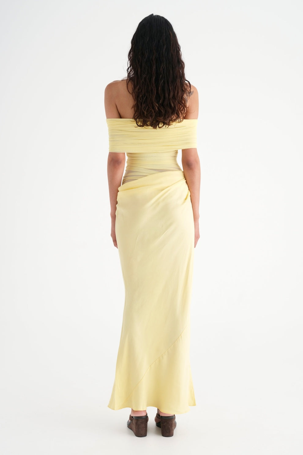 Off Shoulder Ruched Mesh Waist Panel Draped Overlay Maxi Gown