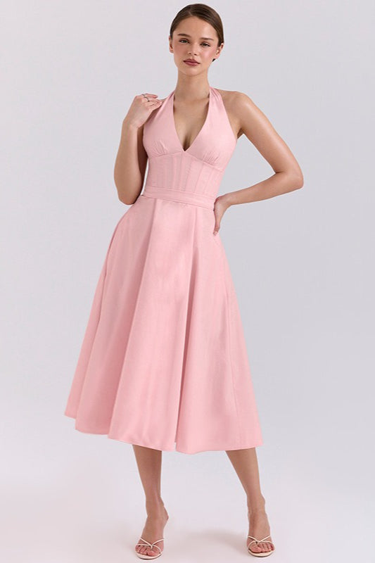 Deep V Halter Backless Maxi Dress