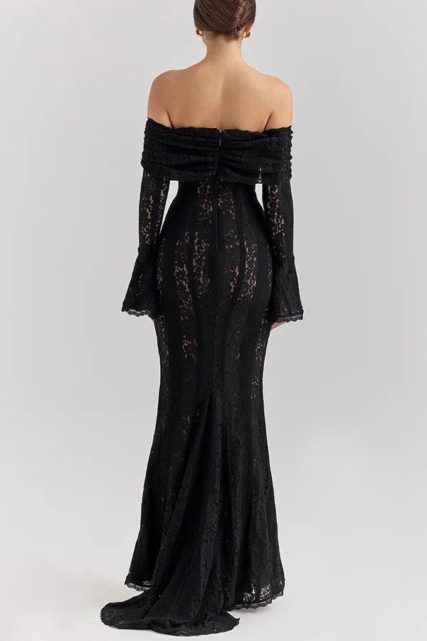 | Off Shoulder Floral Lace Flared Sleeve Fishtail Maxi Dress - White