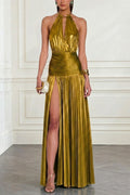 Faelina Metallic Pleated Fabric Metal Rings Halter Backless Slit Maxi Dress