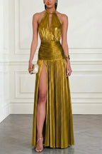Faelina Metallic Pleated Fabric Metal Rings Halter Backless Slit Maxi Dress