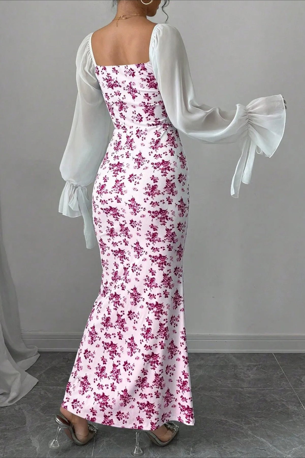 Chiffon Knit Patchwork V Neck Bodycon Floral Dress