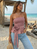 Strapless Smocked Peplum Top With 3D Flower Belt For Women 2026