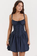 Ditsy Floral Square Neck Lace Trim Bustier Tiered Ruffle Hem Mini Dress