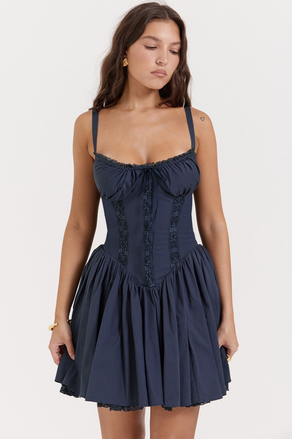 Ditsy Floral Square Neck Lace Trim Bustier Tiered Ruffle Hem Mini Dress