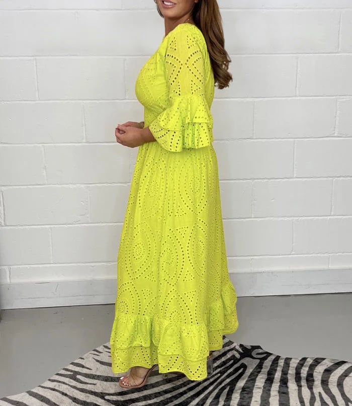 Eyelet Broderie Smocked V Neck Tiered Ruffle Bell Sleeve Maxi Dress