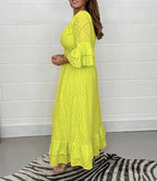 Eyelet Broderie Smocked V Neck Tiered Ruffle Bell Sleeve Maxi Dress