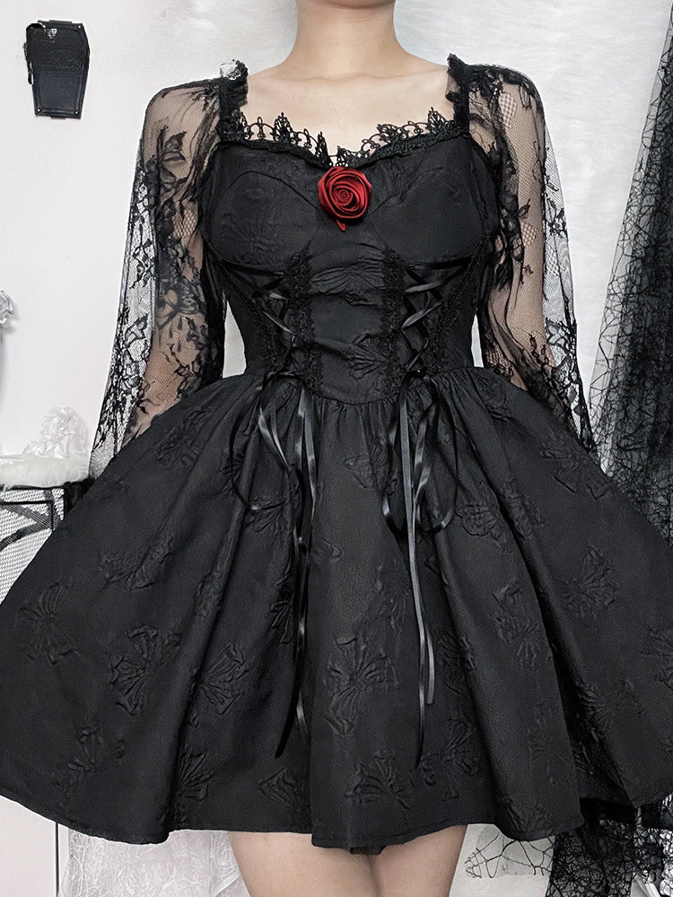 Sweetheart Lace Up Jacquard Bow Print Puff Sleeve Lolita Mini Dress