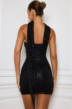 Sequin Strapless Neck Scarf Drape Bodycon Mini Dress
