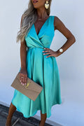 Satin Wrap V-Neck Ruched Waist Fit and Flare Midi Dress