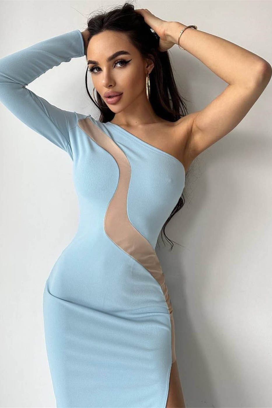 One Shoulder Mesh Panel Curve Cut Out Bodycon Mini Dress